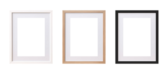 Modern standard A4 A3 size picture frame mockup transparent PNG set bundle, isolated background. White, wood, black texture color with a mat, gallery, art painting photo framing