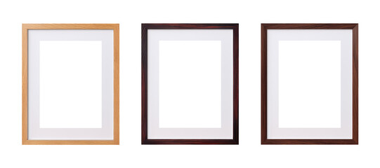 Modern standard A4 A3 size picture frame mockup transparent PNG set bundle, isolated background. Wood texture color with a mat, gallery, art painting photo framing