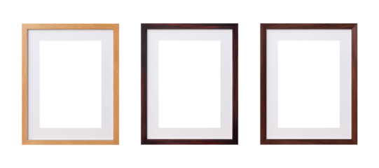 Modern standard A4 A3 size picture frame mockup transparent PNG set bundle, isolated background. Wood texture color with a mat, gallery, art painting photo framing