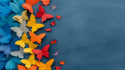 A vibrant and lovely row of colorful paper butterflies is beautifully displayed against a bright blue background, copy space