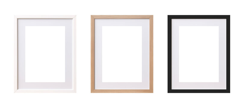 Fototapeta Modern standard A4 A3 size picture frame mockup transparent PNG set bundle, isolated background. White, wood, black texture color with a mat, gallery, art painting photo framing
