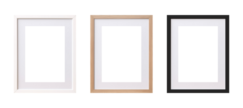 Modern standard A4 A3 size picture frame mockup transparent PNG set bundle, isolated background. White, wood, black texture color with a mat, gallery, art painting photo framing