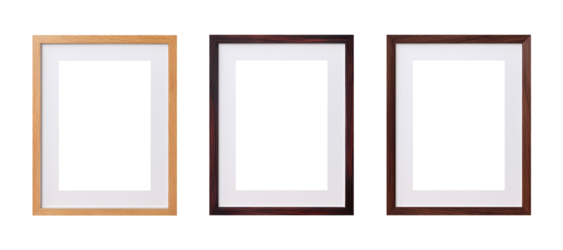 Modern standard A4 A3 size picture frame mockup transparent PNG set bundle, isolated background. Wood texture color with a mat, gallery, art painting photo framing