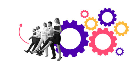 Group of business professionals marching forward, supported by moving gears, symbolizing teamwork,...