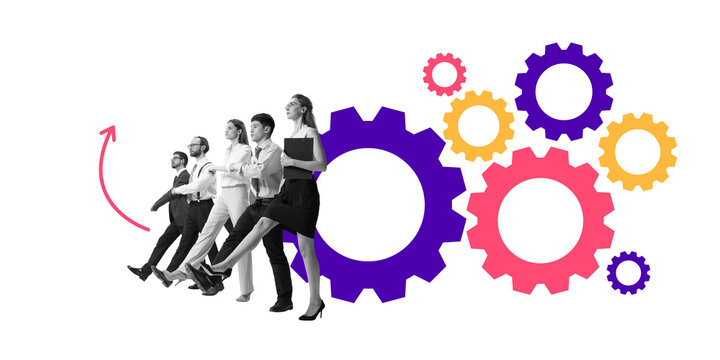 Group of business professionals marching forward, supported by moving gears, symbolizing teamwork, progress, and structured corporate development. Concept of business, achievement, strategy