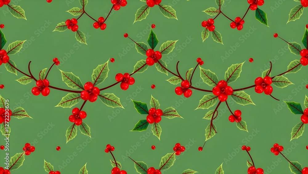 Aufkleber a vibrant green background features a repeating pattern of red flowers and leaves, creating a cheerf