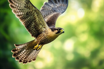 Fototapeta premium A falcon flaps its powerful wings while flying through the air, showcasing its vibrant feathers. Generated AI
