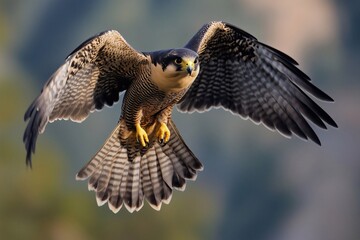 Fototapeta premium A falcon flaps its wings vigorously as it soars through the sky, showcasing its speed and agility amidst the beauty of the natural landscape below. Generated AI