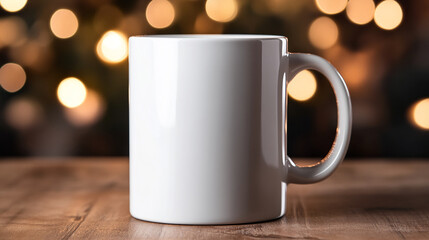 A white ceramic mug placed on a wooden table with a bokeh light background, perfect for showcasing branding or personal design in a calm and cozy environment.