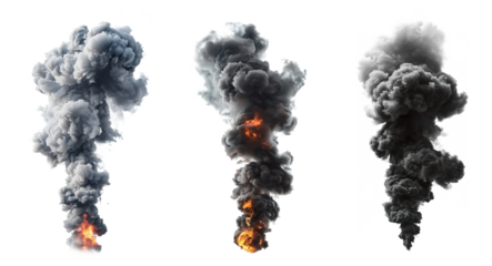 Black fire smoke transparent PNG set bundle, isolated background. Burning, fiery clouds
