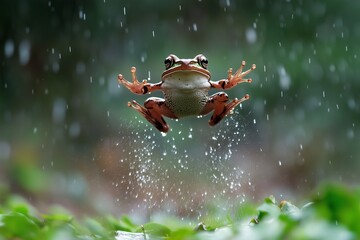 A vibrant frog gracefully jumps through the air amid a rain shower in a green forest. Water droplets splash around as it navigates its damp surroundings, generated AI