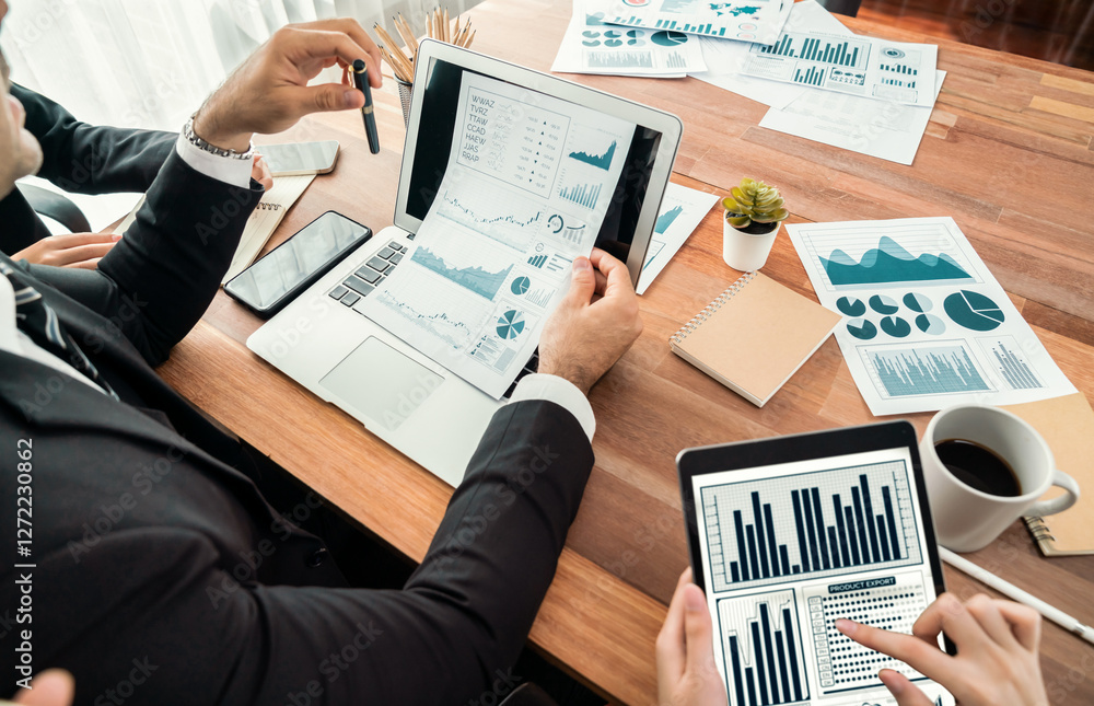 Poster diverse group of business analyst team analyzing financial data report paper on office table. chart 