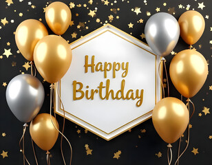 Black Gold balloons happy birthday card with confetti vector, happy birthday card background, boy birthday template abstract, gold confetti
