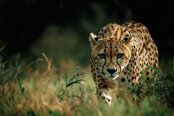 Fototapeta premium A cheetah stealthily maneuvers through the tall grass of the African savannah, focused and poised for a hunt. 