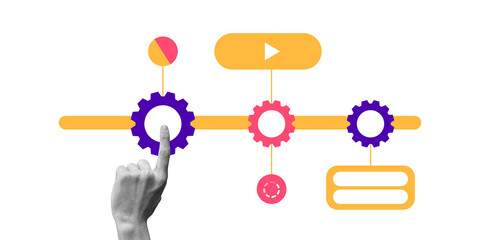 Finger activating interconnected gears on structured process timeline, symbolizing efficiency,...