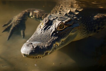 Fototapeta premium In a murky river, a sharp-snouted crocodile swims gracefully, demonstrating its natural predatory behavior in a calm environment during daylight. Generated AI