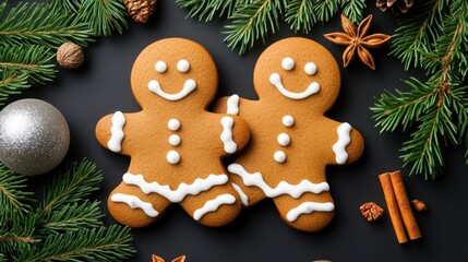 Two gingerbread men cookies surrounded by christmas themed decorations
