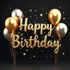 Black Gold balloons happy birthday card with confetti, happy birthday card background, boy birthday template abstract, gold confetti

