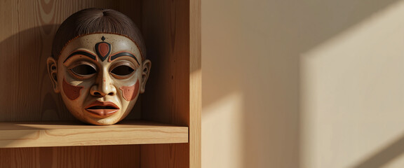 Ceremonial mask displayed elegantly on wooden shelf, cultural significance