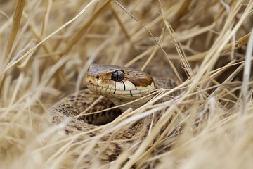 Fototapeta premium A snake is concealed among dry grass, showcasing its remarkable camouflage. This behavior helps it remain undetected by predators and prey alike. Generated AI