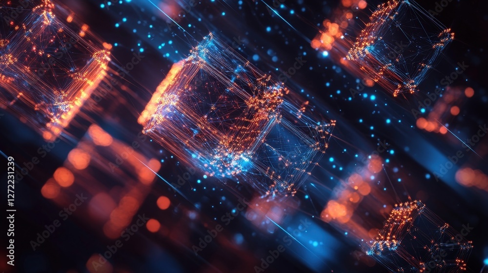 Poster complex network of interconnected nodes forming abstract cubes transferring data through cyberspace,