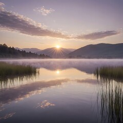 Fototapeta premium Sunset on the river. Soft Warmth Gradient Sunrays: Experience the soothing beauty of soft, warm gradient sunrays, perfect for enhancing any design project with a touch of tranquility and warmth.