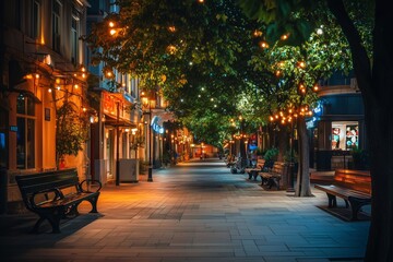 Fototapeta premium A picturesque modern street features cozy cafes and elegant benches under warmly lit trees. Generated AI