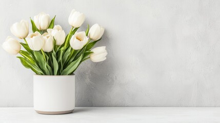 White tulips in a vase on a gray background
