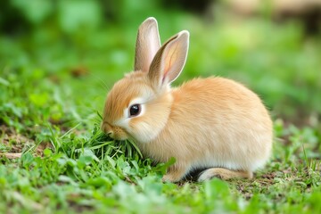 Fototapeta premium A small, fluffy rabbit is peacefully nibbling on lush green grass in a serene outdoor setting. Generated AI
