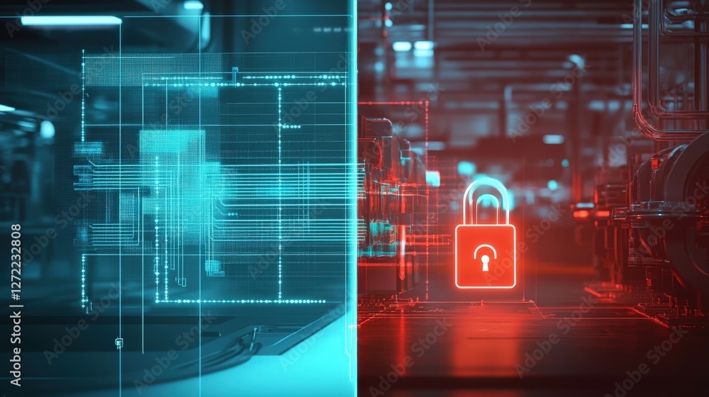Poster cyber security system is protecting industrial control systems, with lock symbol appearing on hologr
