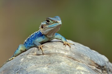 Fototapeta premium This striking sharp-faced agama rests on a large rock, showcasing its vibrant blue and green coloration. Generated AI