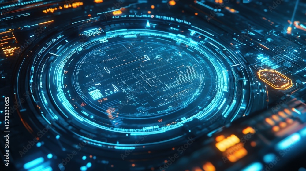 Poster complex digital interface with glowing blue circles and orange details shows cyber security data, su