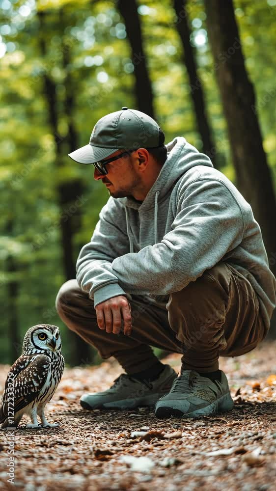 Poster man interacts with an owl in a serene forest setting during daytime