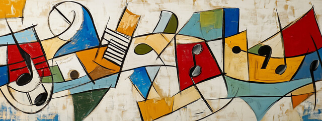 Abstract cubist artwork of musical notes swirling in vibrant colors, creating a dynamic rhythm.