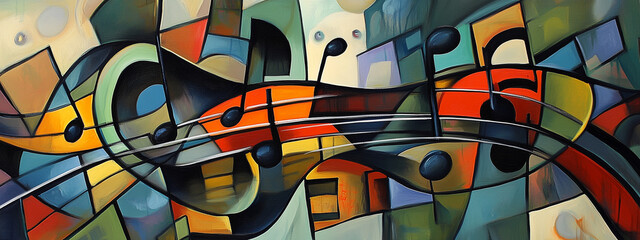 Abstract cubist artwork of musical notes swirling in vibrant colors, creating a dynamic rhythm.