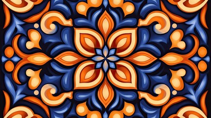 Fototapeta premium Ornate Blue and Orange Floral Tile Design