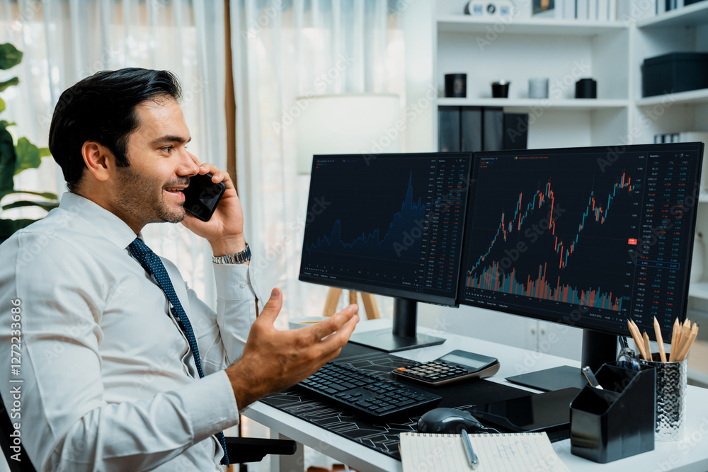 Poster trader businessman calling to consultant or partner with two stock exchange investment, compare data
