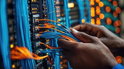 Technicians Connecting Wires in Data Center Environment