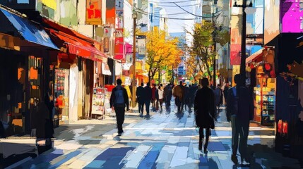 Obraz premium Vibrant Urban Energy in Kyoto’s Bustling Shopping District Showcasing Colorful Street Life and Traditional Japanese Charm in Dynamic Detail