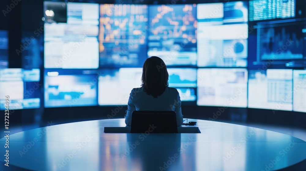 Poster a closeup shot of a moderator at a sleek desk surrounded by digital screens displaying headlines and