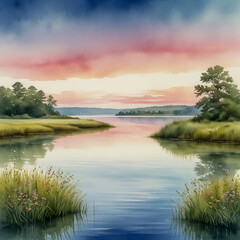 Fototapeta premium watercolor illustration of Charlestown, Rhode Island, highlighting Ninigret Pond