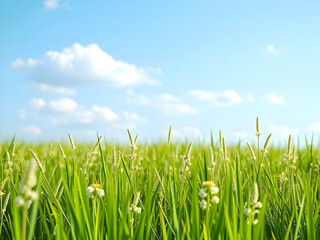 Fototapeta premium Sustainable development, eco friendly lifestyle concept. 3d rendering of arrow circle icon on fresh spring meadow with blue sky in background.