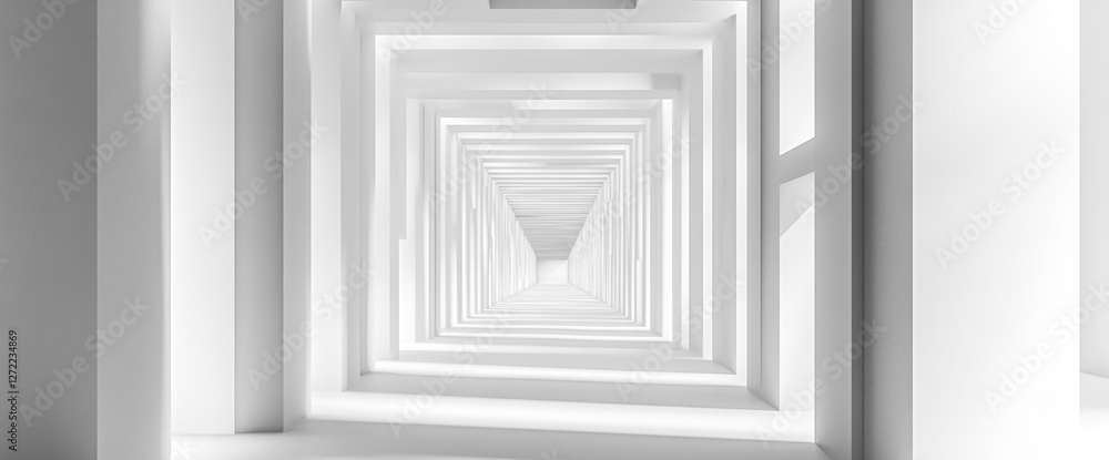 Poster a minimalist design featuring a series of white geometric frames, creating a sense of depth and pers