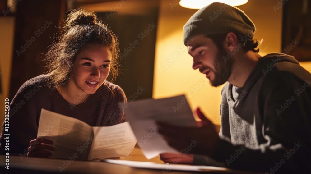 Poster under warm soft lighting in a cozy rehearsal space an actor leans forward with interest closely stud