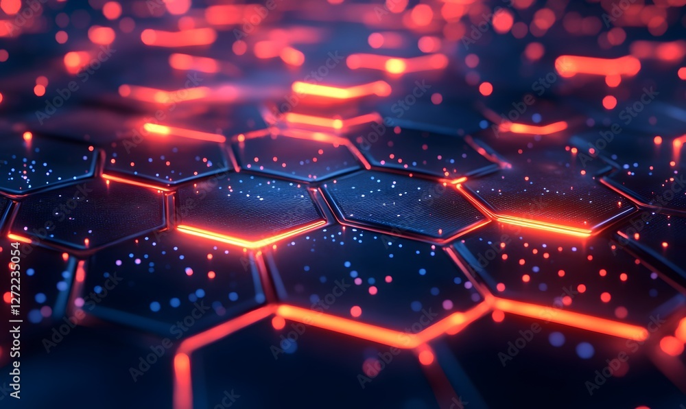 Poster futuristic technology abstract background with glowing hexagonal tiles and particle effects