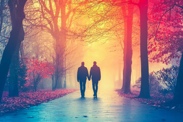 Fototapeta premium couple walking hand in hand through colorful, misty forest, surrounded by vibrant autumn foliage. scene evokes sense of nostalgia and romance