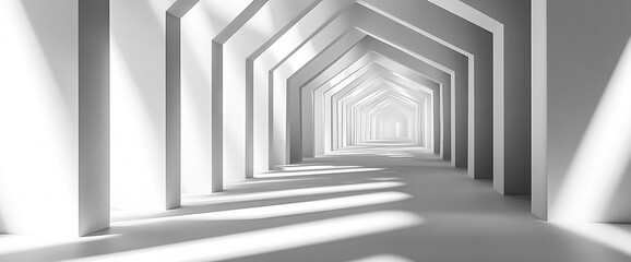 A perspective view of a white hallway with angular walls and light streaming through, creating a...