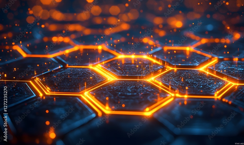 Aufkleber abstract glowing orange honeycomb pattern with bokeh effects and digital circuit details