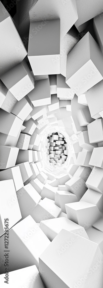 Aufkleber abstract white geometric tunnel with cubic elements forming a spiraling structure, symbolizing depth