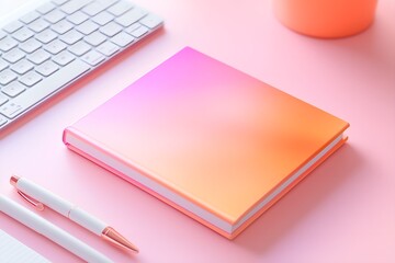 Pink to Orange Gradient Notebook with Gold Pen and Partial Keyboard on pink Desk .For design, print, wallpaper, poster, interior, advertising, banner. With place for text.